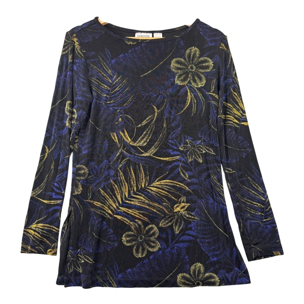 Chicos Travelers Sz 0 Small Black Slinky Tropical Floral Tunic Top Made in USA